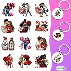 24 Pieces/Set Valentines Couple Themed UV DTF Keychain DIY Transfer Paper - Waterproof Pattern, Laptop Decoration Excellent Gift Easy To Use