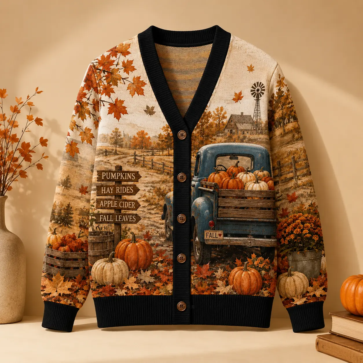 Fall Pumpkin Cardigan for Women, Vintage Farmhouse Autumn Sweater, Cozy Button Up Knit Cardigan, Rustic Fall Leaves & Pumpkin Outfit, Thanksgiving Gift