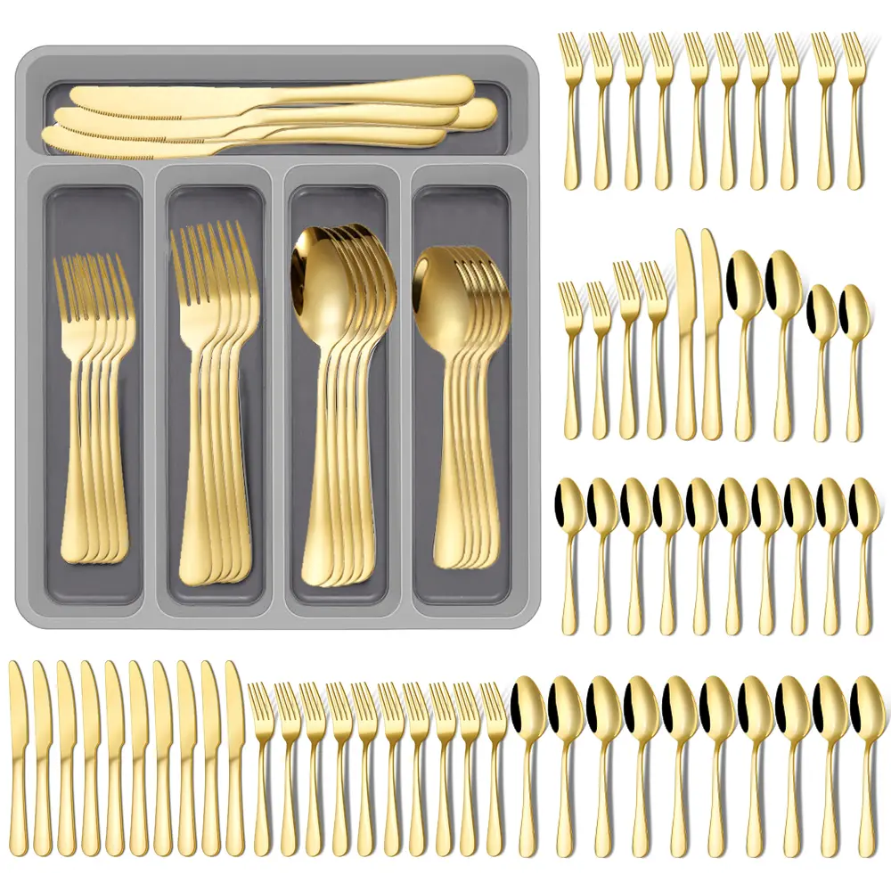 12-Person 60-Piece Stainless Steel Cutlery Set with Plastic Drawer Organizer Tray, 12 Steak Knives, Forks, Spoons, Modern Sturdy Mirror-Polished Dishwasher-Safe Tableware Dinnerware Set, Ideal for Daily Use