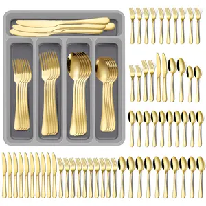 60-Piece Silverware Set with Flatware Drawer Organizer, Stainless Steel Cutlery with 12 Steak Knives, Modern Eating Utensils Tableware Service for 12, Mirror Polished, Dishwasher Safe Sturdy
