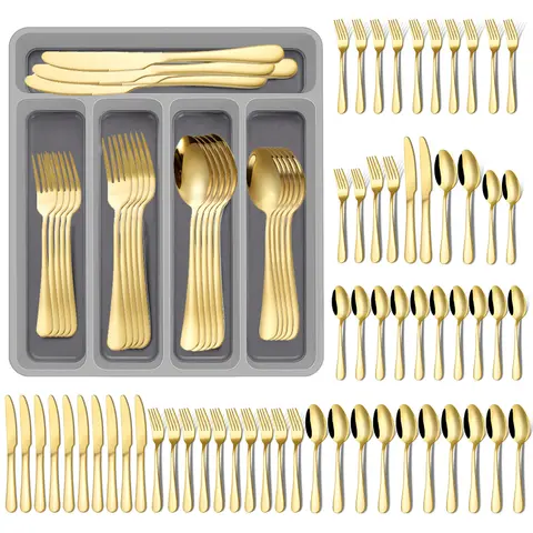 60-Piece Sturdy Stainless Steel Dinnerware Set for Above 11 People (12 Adults), Rust-Resistant Mirror-Polished Tableware Cutlery with 12 Steak Knives/Forks/Spoons, 12.67" Drawer-Fit Plastic Organizer Tray, Dishwasher-Safe