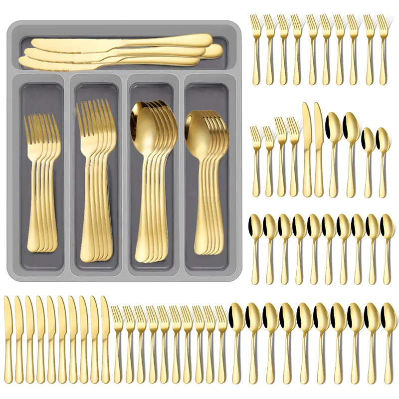 60-Piece Sturdy Stainless Steel Dinnerware Set for Above 11 People (12 Adults), Rust-Resistant Mirror-Polished Tableware Cutlery with 12 Steak Knives/Forks/Spoons, 12.67" Drawer-Fit Plastic Organizer Tray, Dishwasher-Safe