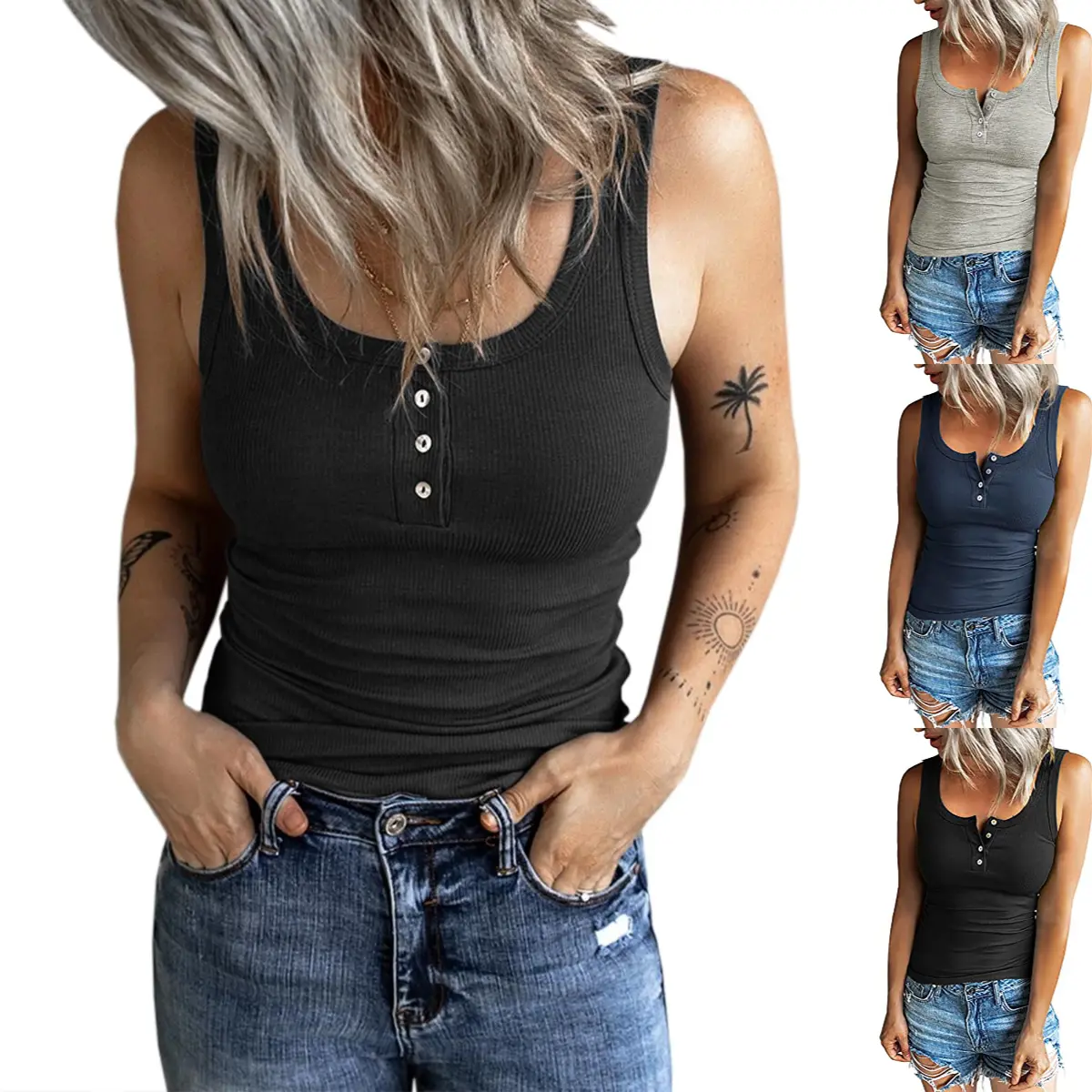Women's Henley Tank Top, Lightweight Ribbed Knit Button Up Top with U Back, Casual Slim Fit for Beach Holiday Wear, Tropical, School, Everyday, Stretchy, Rayon Blend, Shirt, Basic, Sleeveless, No
