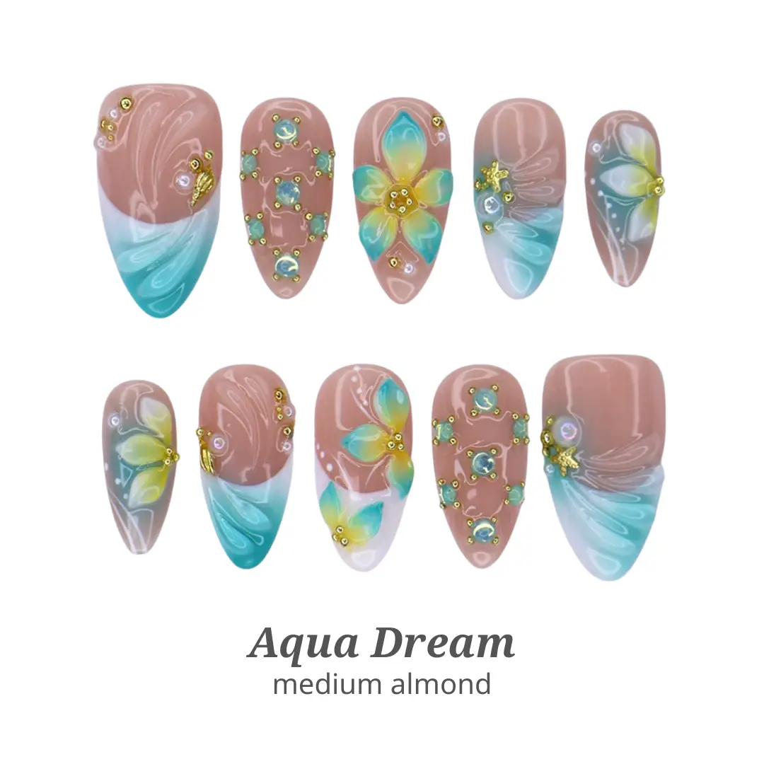 Lilynailsart | Aqua Dream Press On Nails - Tropical Plumeria, Ocean Blue Summer Nails - Medium Almond