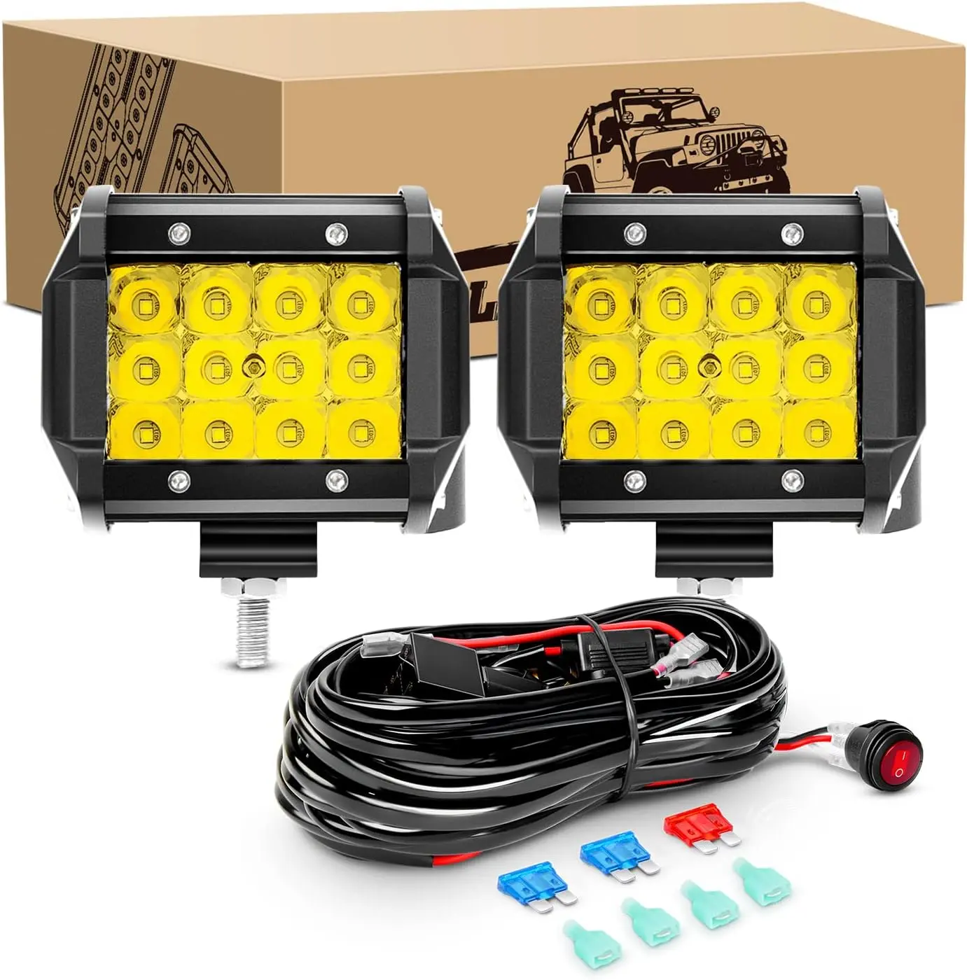 GOOACC 2PCS 4" Amber LED Pods - 36W Power Triple Row Flood Fog Lights, 3600LM Driving Lights with 16AWG Off Road Wiring Harness (2 Leads) for Trucks/ATVs (Auto-650)