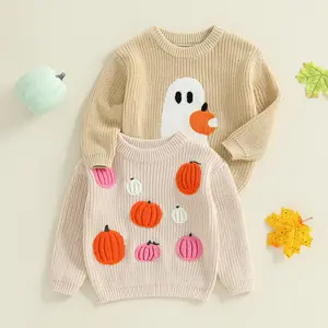 Kids Toddler Newborn Baby Boy Girl Halloween Sweater Pumpkin/Ghost Embroidered Crewneck Long Sleeve Pullover Chunky Knit Tops