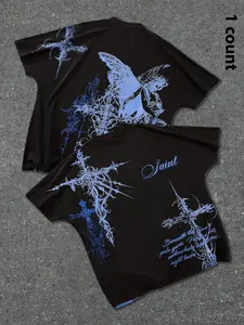 Gothic Men's Batwing Sleeve Cross Print Short Sleeve T-Shirt, Street Style, Casual Fashion, Summer Fitted Tee, Outdoor Sports, Graphic, Streetwear