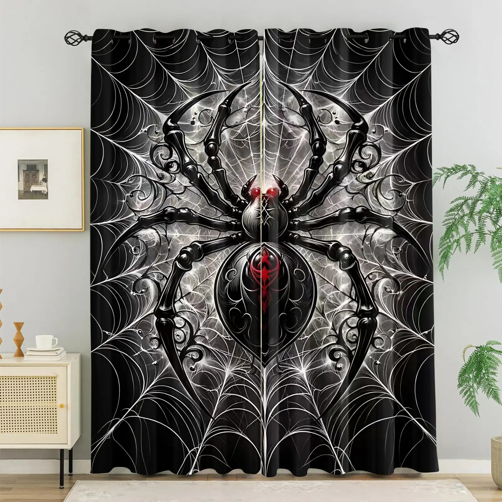 2Pcs Dark Gothic Red-eyed Spider Curtains, Spooky Horror Ins Style, High Blackout Breathable, Decor Privacy Grommet Curtains for Teen Boys Bedroom, Dorm, Cool Aesthetic