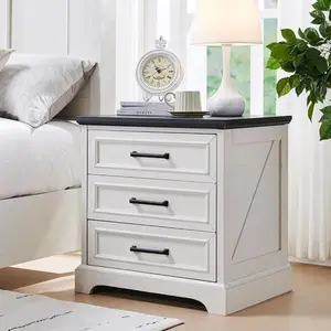 Farmhouse Nightstand with Charging Station 2 AC Outlets 2 USB, 22 Inch Wide End Table with 3 Large Drawers, Rustic Wood Dresser for Bedroom Living Room