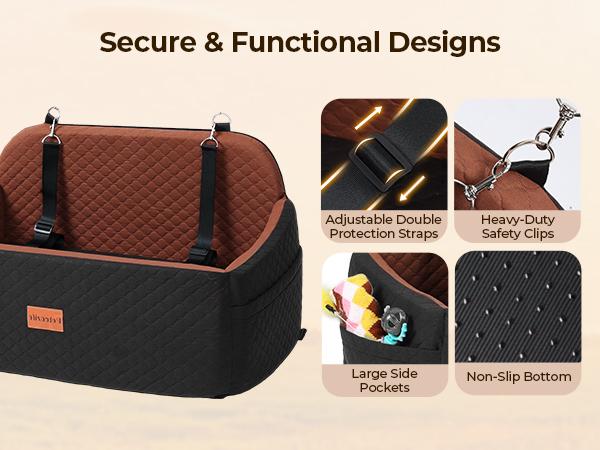 PAWGIANT Portable Dog Car Seat, Stylish Travel Carrier, Dog Car Seat for Large Medium Dogs Pet Car Seat Under 55 lbs or 2 Puppies Removable Washable Pets Travel Booster Bed for Automotive Backseat with Comfy Thick Cushion 2 Safety Leashes,  Black Brown