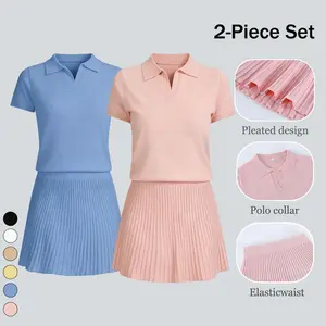 Womens 2 Piece Skirt Sets Sweater Set Polo V Neck Short Sleeve Knit Top And Pleated Mini Skirts Spring Casual Outfits