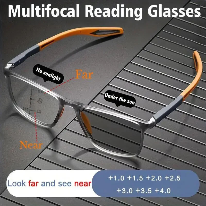 TR90 Frame Photochromic Multifocal Anti-Blue Light Ultralight Reading Eyewear for Men, Casual Unisex, Presbyopia & Far Sight Correction Up to +4.0 Strength, Durable Sport Glasses