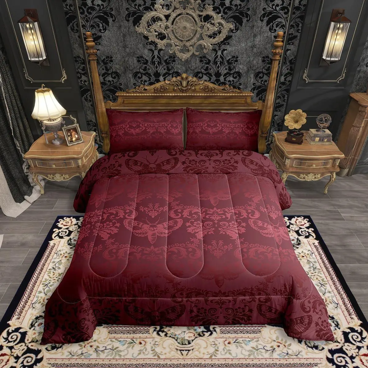 Feelyou Gothic Bedding Set - Burgundy Moth Vintage Digital Print Damask Bohemian, Breathable Victorian Floral Animal Squares Duvets & Sets, Queen Size for Adults (Multi-Size Options), Bedding Sets