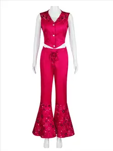 Women's Barbie Movie Cowboy Costume Tight Fit Short Sleeve Long Pants, Striped Pattern, Slim-Fitting, All Seasons Clothing