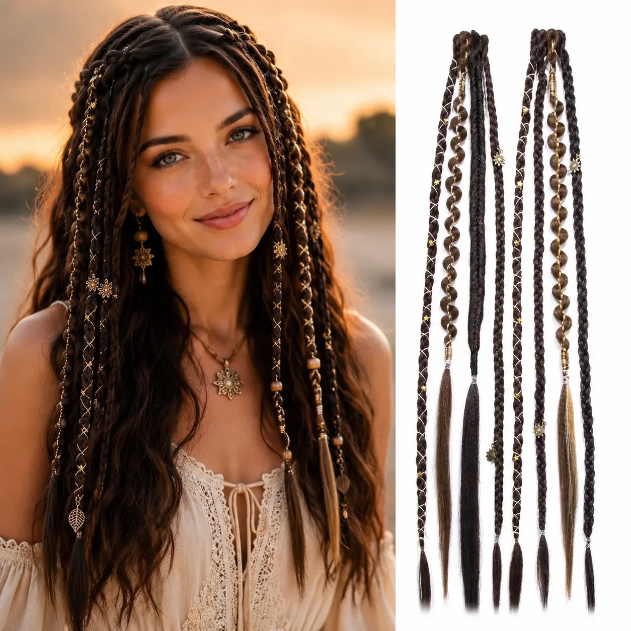 16" Clip in Braid Hair Extensions, Boho Dreadlocks Extensions with Beads & Charms, 2Pcs Hand-Woven Synthetic Viking Hair for Women, Festival & Cosplay