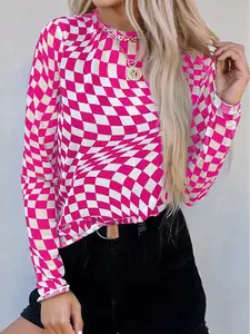 Checkered Pattern Mesh Mock Neck Long Sleeve Top - Classic Design, Stretchy Material, Versatile for Everyday Wear