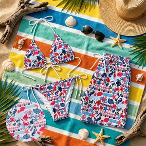 Couple Matching Swimwear Ocean Print Bikini and Men Swim Trunks, Seahorse Starfish Shell Swimsuit Set, Nautical Beach Couple Gift