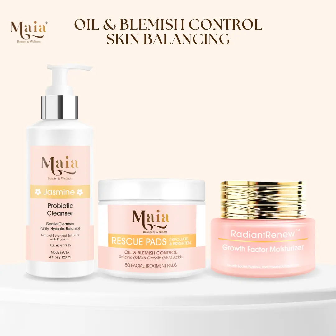 Maia Radiant Oil & Blemish Control Skin Balancing Set with Jasmine Probiotic Cleanser, Rescue Pads, and Growth Factor Moisturizer 3pcs
