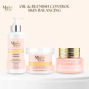 Maia Radiant Oil & Blemish Control Skin Balancing Set with Jasmine Probiotic Cleanser, Rescue Pads, and Growth Factor Moisturizer 3pcs