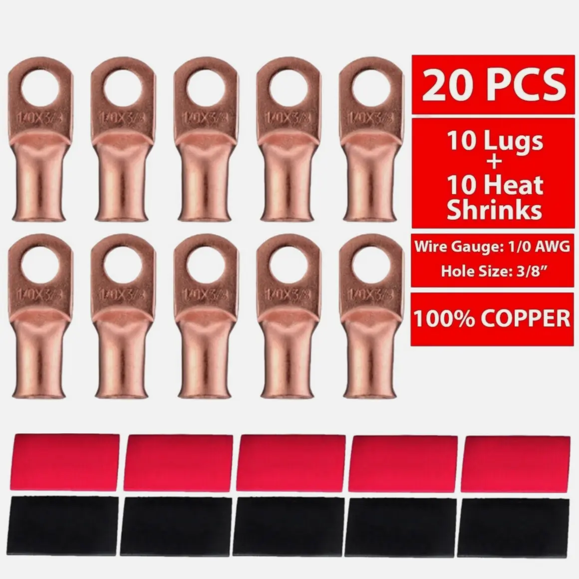 20PCS 1/0 AWG Gauge Copper Lugs with BLACK & RED Heat Shrink Ring Terminals Wire Heavy Duty Construction for Automotive & Electrical Applications