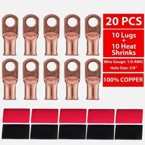 20PCS 1/0 AWG Gauge Copper Lugs with BLACK & RED Heat Shrink Ring Terminals Wire Heavy Duty Construction for Automotive & Electrical Applications