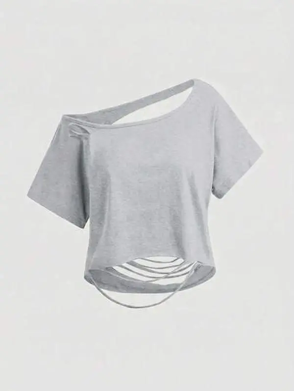 ROMWE Grunge Punk Asymmetric Shoulder Ripped Open Back Loose Cropped T-Shirt