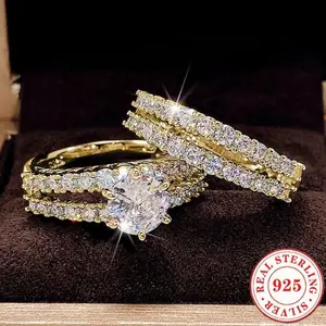 2Pcs/set Dazzling Women's Fashion 925 Sterling Silver Wedding Jewelry Ring Set Romantic Bride Engagement Wedding Band Anniversary Christmas Gift Banquet Birthday Gift Party Ring Size 5-11#
