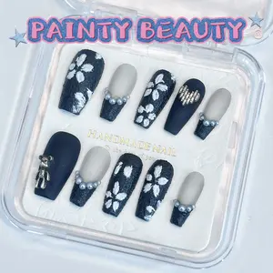 A167  Coffin Shape French Style Black Cherry Blossoms Handmade Press On Nails with Pearl Accents and Gold Heart Design