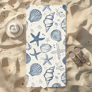 2D Flat - 2D Flat - A 2D Flat One-Piece Beach Towel Featuring a Blue Shell Starfish Pattern, Perfect for Seaside Vacations. It'S Comfortable And Absorbent