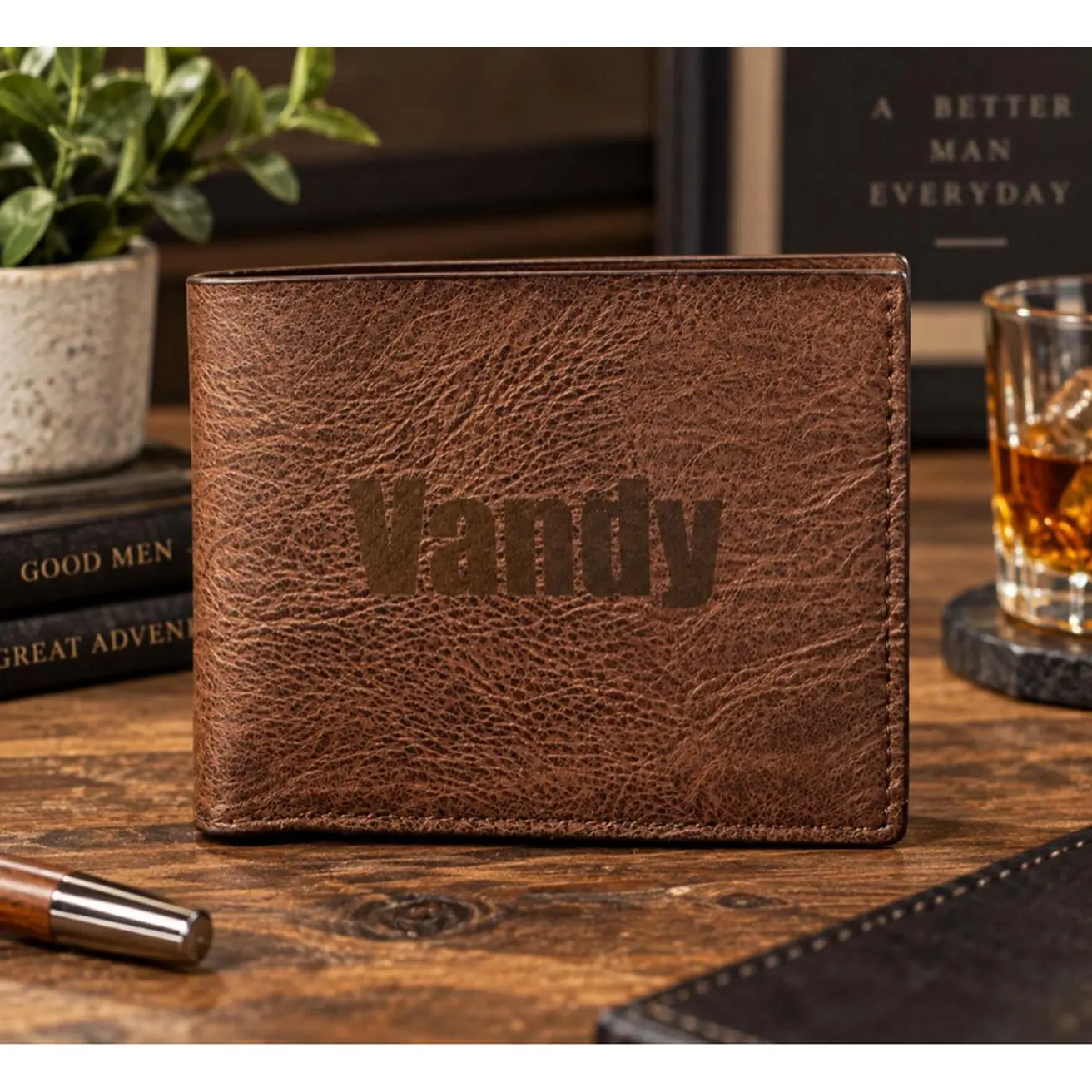 Personalized Brown Faux Leather Wallet with Custom Name Engraving for Unique Gift