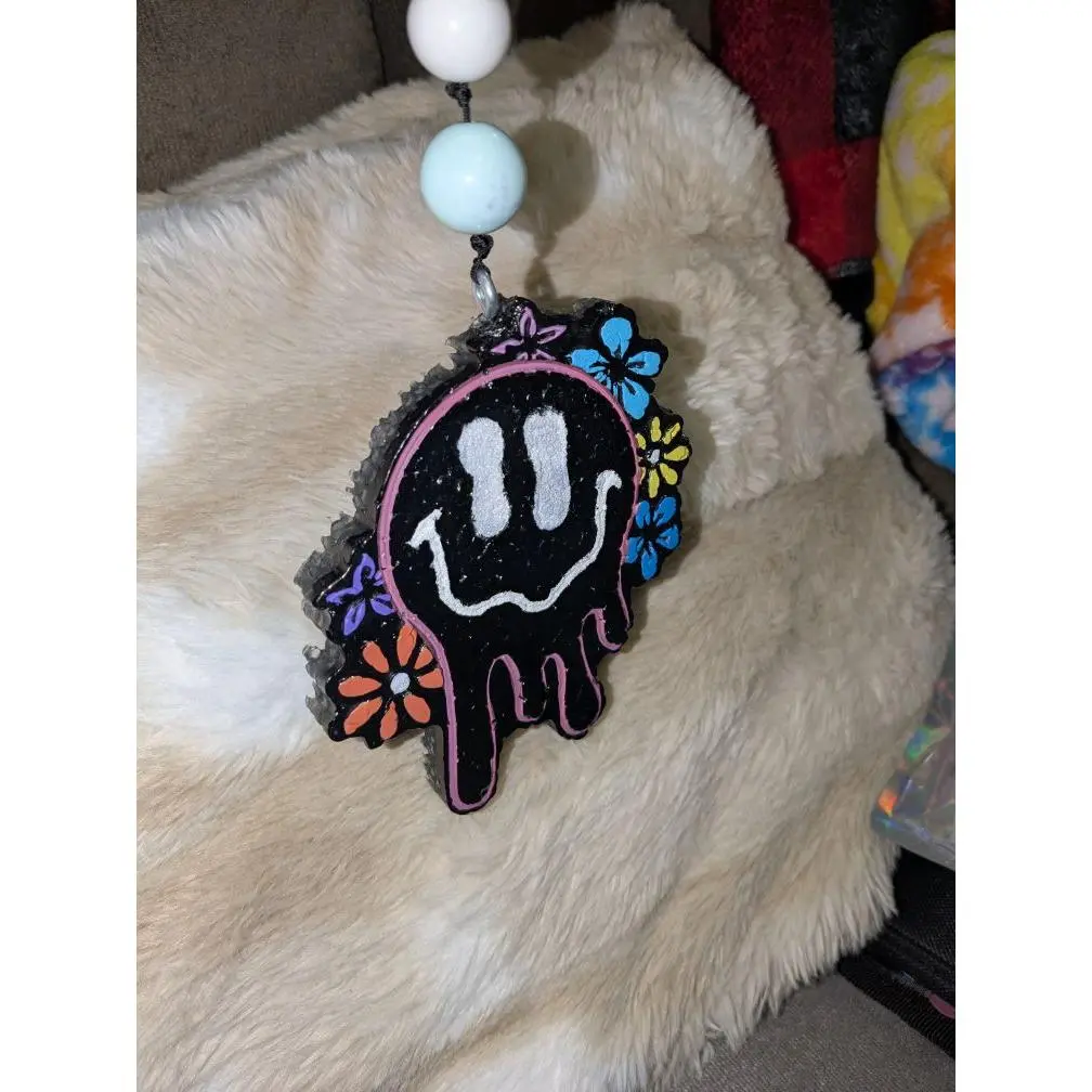 Melty Smiley Face Scented XL Freshie with Bright Flowers Glitter & Beads Black White Design