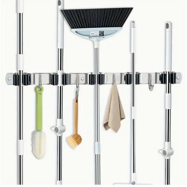 Stainless Steel Mop and Broom Holder, Wall Mounted Tool Organizer with Hooks, Self Adhesive & Drilling for Kitchen Bathroom Garage