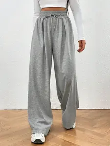 Women's Plain Drawstring High Waist Fit Sweatpants, Casual Breathable Wide Leg Pants for Spring & Fall, Ladies Bottoms for Everyday Wear, Baggy Pants, Womenswear