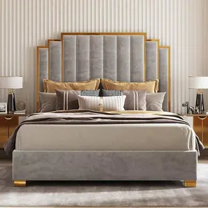 Queen/King Upholstered Velvet Bed Frame With Gold Trim Headboard, Sturdy Modern Platform Design, No Box Spring Required, Grey