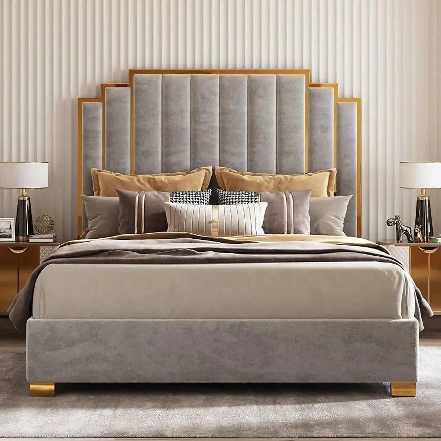Queen Size Framed Velvet Upholstered Platform Bed Frame - 12" Durable Hardwood & Metal Construction, Glam Vertical Channel Trim Headboard, Modern Indoor Furniture, Assembly Required, No Box Spring Needed (King Size Available)
