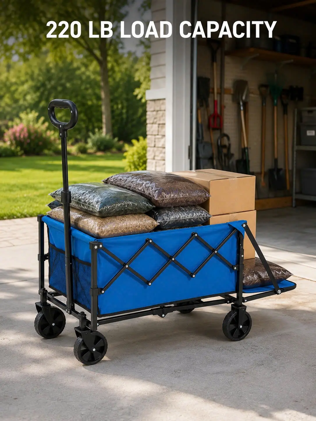 120L Collapsible Utility Wagon – 220 lb Capacity Folding Garden and Beach Cart with Expandable Storage, Blue