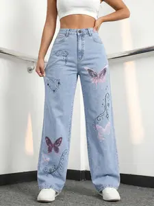 Jeanius Women's High Waist Wide Leg Denim Jeans, Medium Stretch Light Wash, Gradient Butterfly & Gothic Heart Print, Y2K Streetwear Semi Baggy Jeans