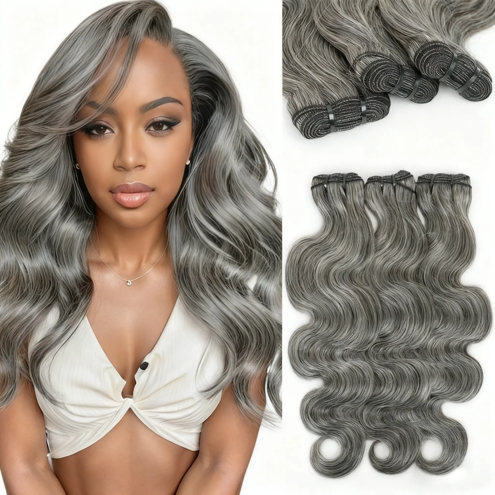 Human Hair Extensions, Long Straight Salt and Pepper Gray-White Bundles, 16 18 20 Inch 12A Grade Double Weft, Natural Looking Hair, Hair Bundles