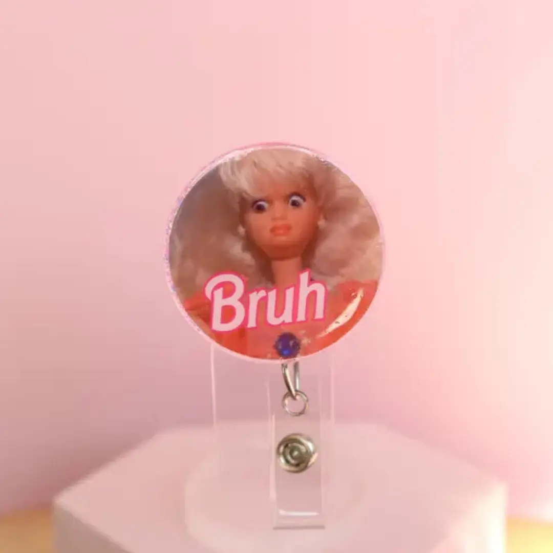 Bruh Funny Night Shift Sparkly Retractable Badge Reel Cute Acrylic ID Holder For Nurses Doctors Medical Students Sassy Work Accessory