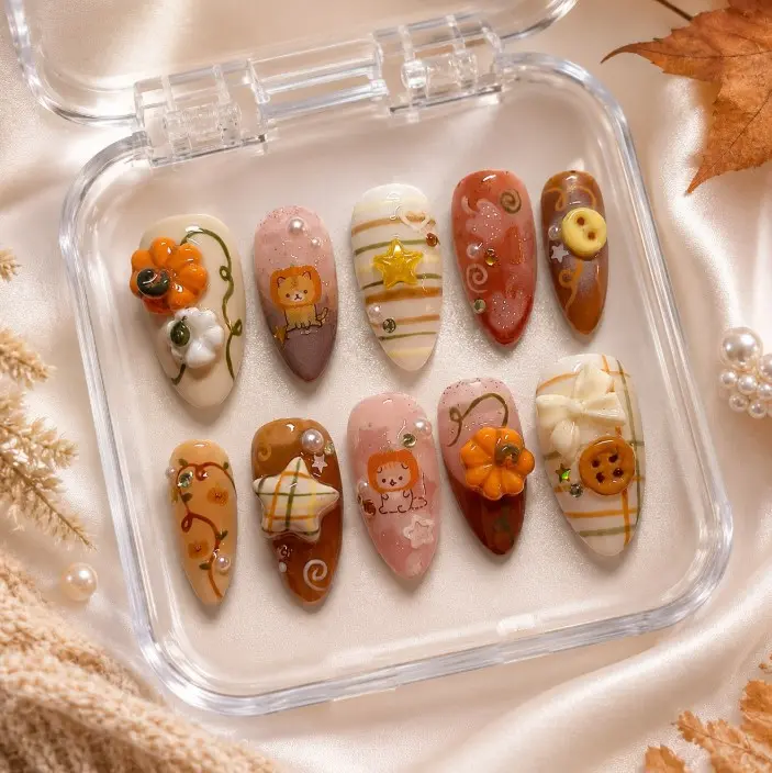 Sidosona Vintage Autumn Press On Nails 3D Pumpkin Bow Star Cat Design, Cute Fall Brown Cream Nail Set | Thankgiving Gifts, Reusable Glossy Fake Nails with Cozy Aesthetic, Kawaii Seasonal Gift for Women