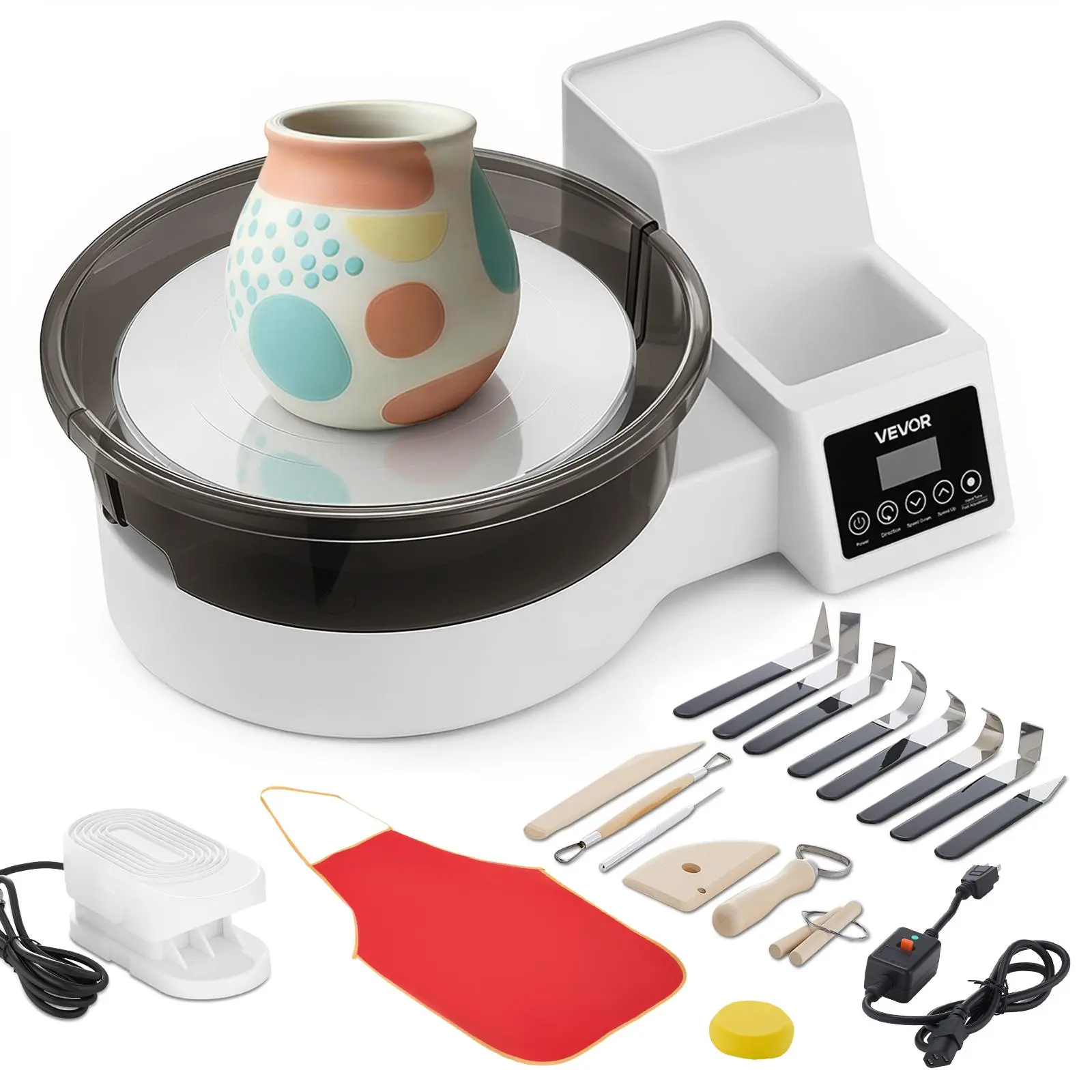 VEVOR Tabletop Electric Pottery Wheel for Adults & Beginners, 11" Aluminum Turntable, 450W with Foot Pedal, 30-300 RPM Adjustable Speed, Detachable Basin, Apron, Integrated Tool Storage, for Couples Clay Crafting & Families DIY