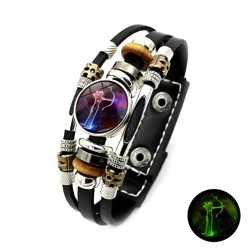 Glow in the Dark Zodiac Leather Bracelet, 12 Signs Astrology Horoscope Bracelet for Men Women, Birthday Gift Jewelry (6.9in/8.1in)