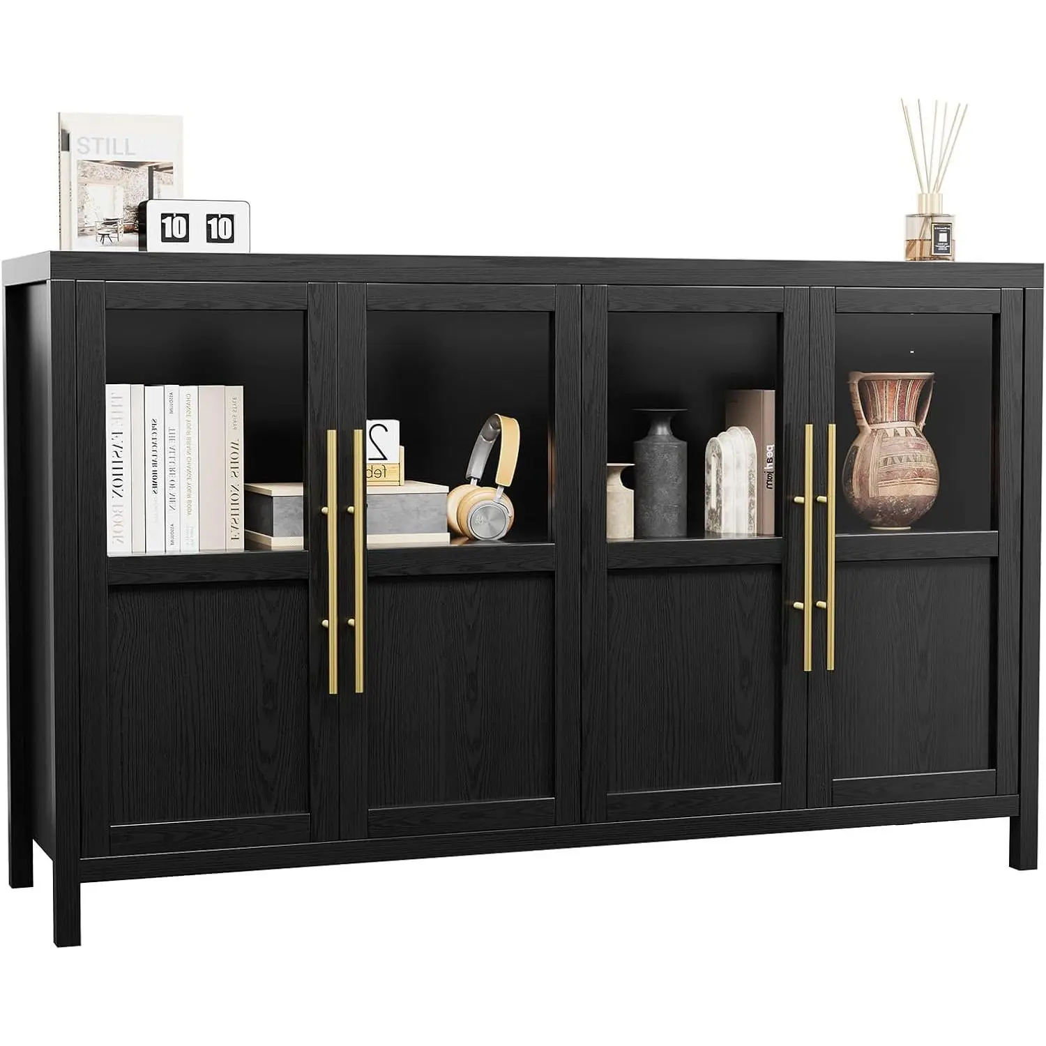 Black 55 Inch Sideboard Buffet Cabinet with Four Glass Doors Large Modern Farmhouse Storage for Kitchen Dining and Living Room Black