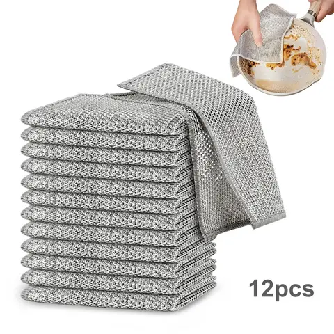 Dishwashing Rags 12/24 Counts Stainless Steel Scrubber Multipurpose Cleaning Cloths for Kitchen - Non-Scratch Reusable Metallic Fiber Pads, Heavy-Duty Dishwasher-Safe, Durable Cleaning Supplies, Easy Clean Washable
