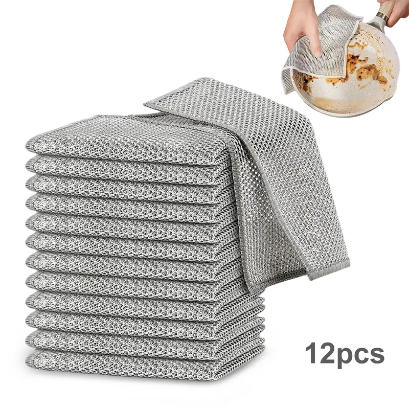 Dishwashing Rags 12/24 Counts Stainless Steel Scrubber Multipurpose Cleaning Cloths for Kitchen - Non-Scratch Reusable Metallic Fiber Pads, Heavy-Duty Dishwasher-Safe, Durable Cleaning Supplies, Easy Clean Washable