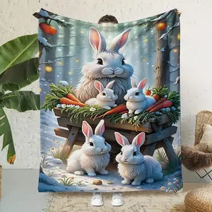 Cozy Rabbit Print Polyester Blanket - Soft Comfy Warm Flannel Throw for Home Office Travel and Outdoor Use - Stylish Drative Gift for Any Season