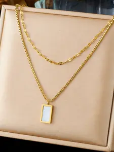 Stainless steel gold double layer rectangle pendant necklace for women