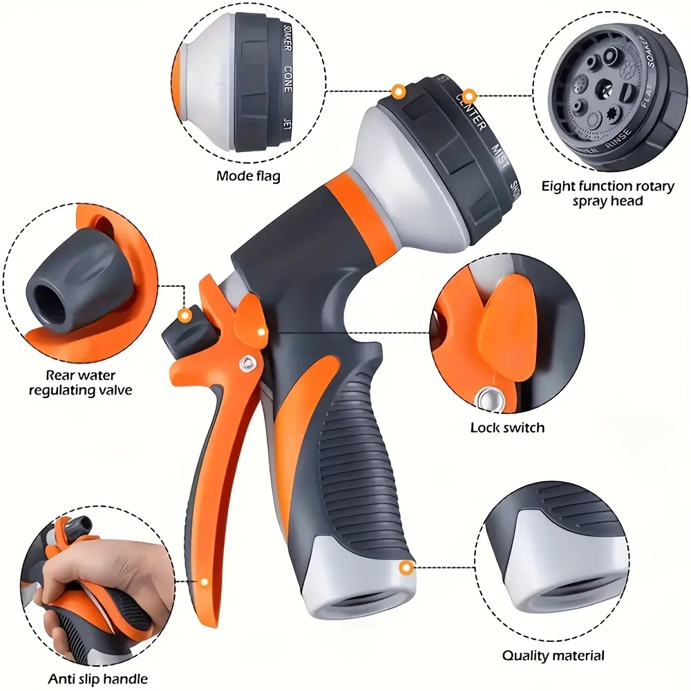 8-Function Garden Spray Gun with Adjustable Nozzle & Rotary Spray Head, Bathroom Gadget for Plant Irrigation & Patio Cleaning, Home Supplies Water Tool, Eight Function Rotary Spray Head