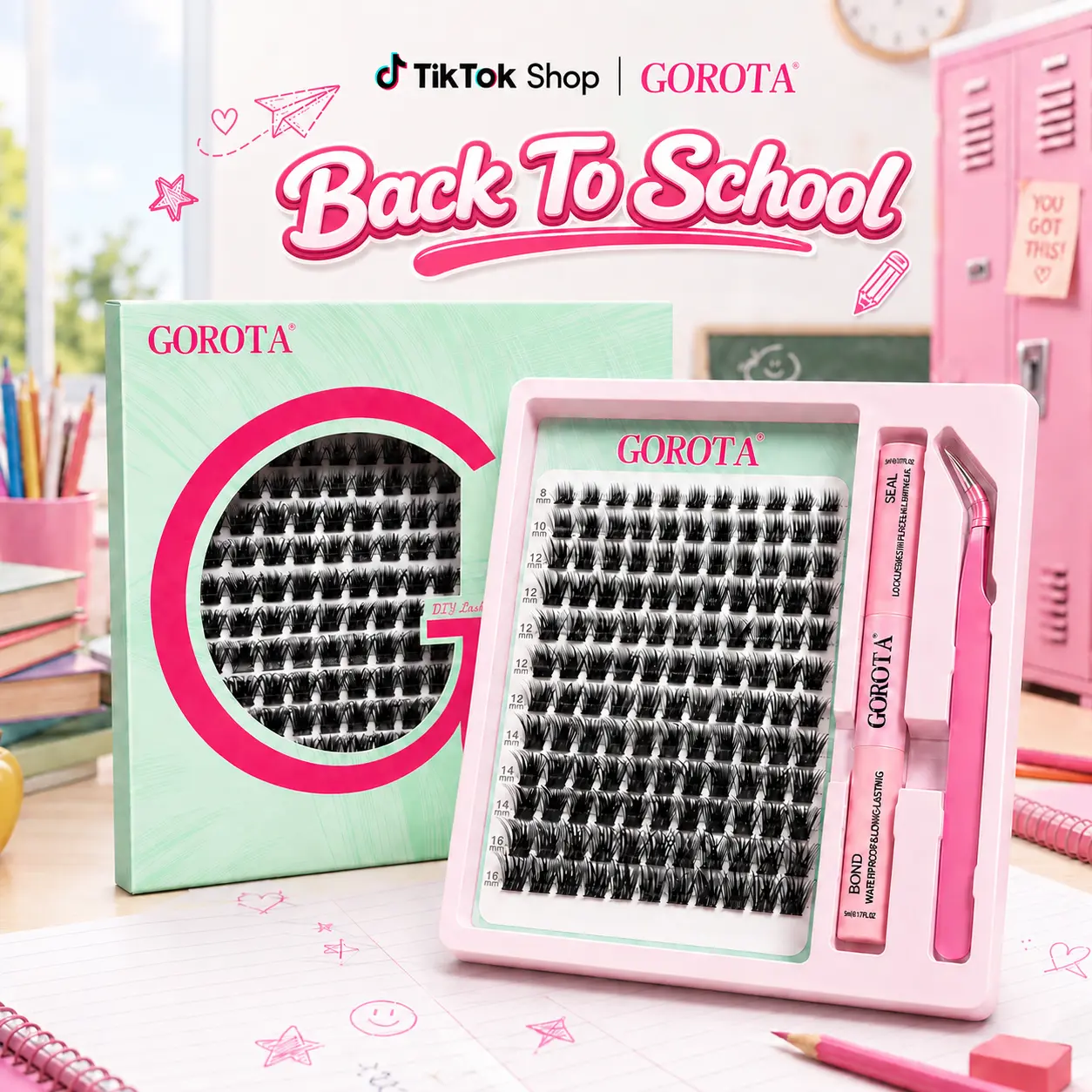 GOROTA DIY Cluster Lashes Kit for Beginners, C Curl Mixed Lengths 8-16mm Wispy Lash Extension Kit with Bond & Seal, Tweezers, Easy DIY Eyelash Extensions at Home#Back to school
