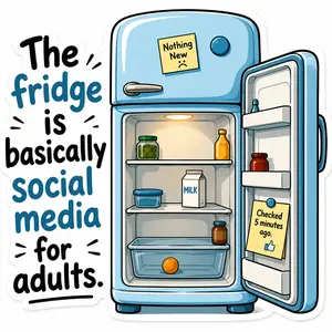 The Fridge Is Basically Social Media For Adults Sticker, Funny Kitchen Humor Decal, Refrigerator Meme Gift, Food Lover Laptop Water Bottle